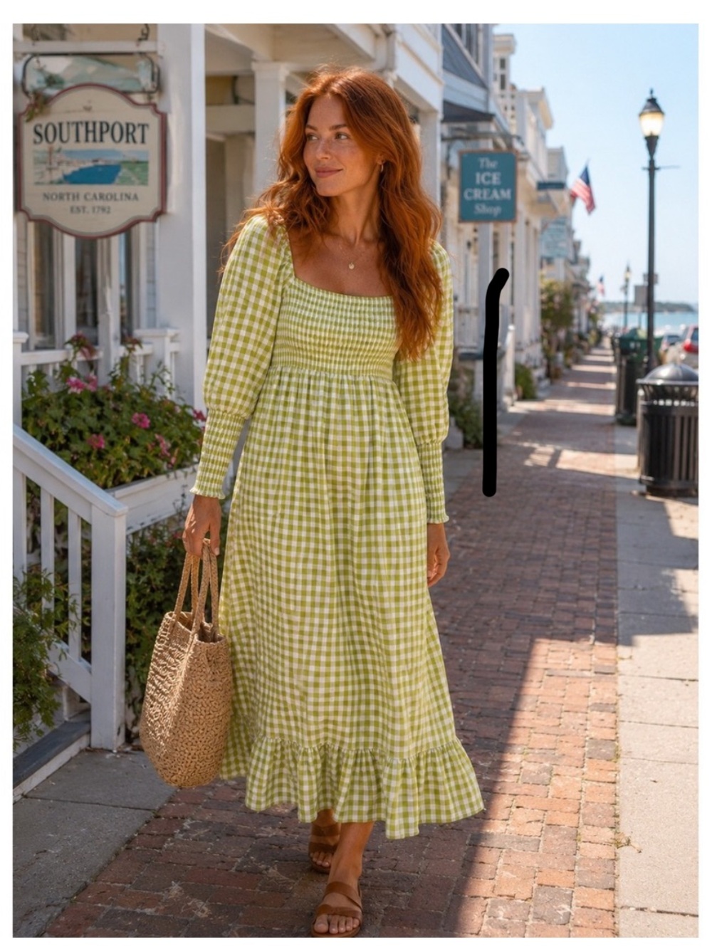 Spell Light Green Gingham Smocked Maxi Dress